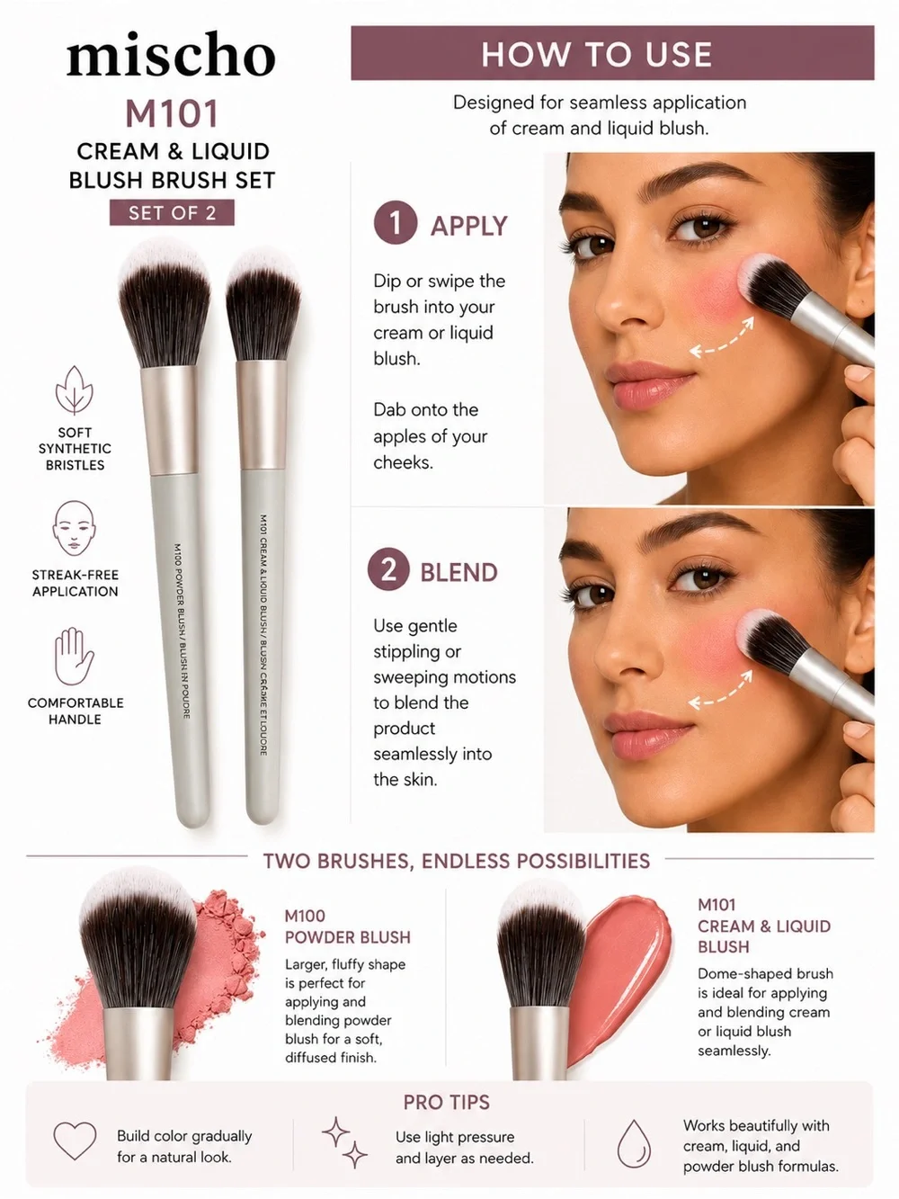 Mischo M100 & M101 Blush Makeup Brush Set of 2 Powder Cream Liquid New